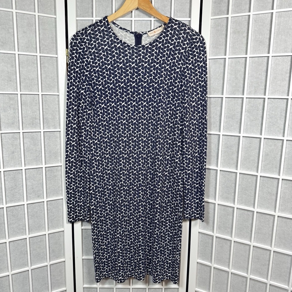 Tory Burch Dress Womens S Matte Jersey Blue White Crew Neck Fitted Preppy Career